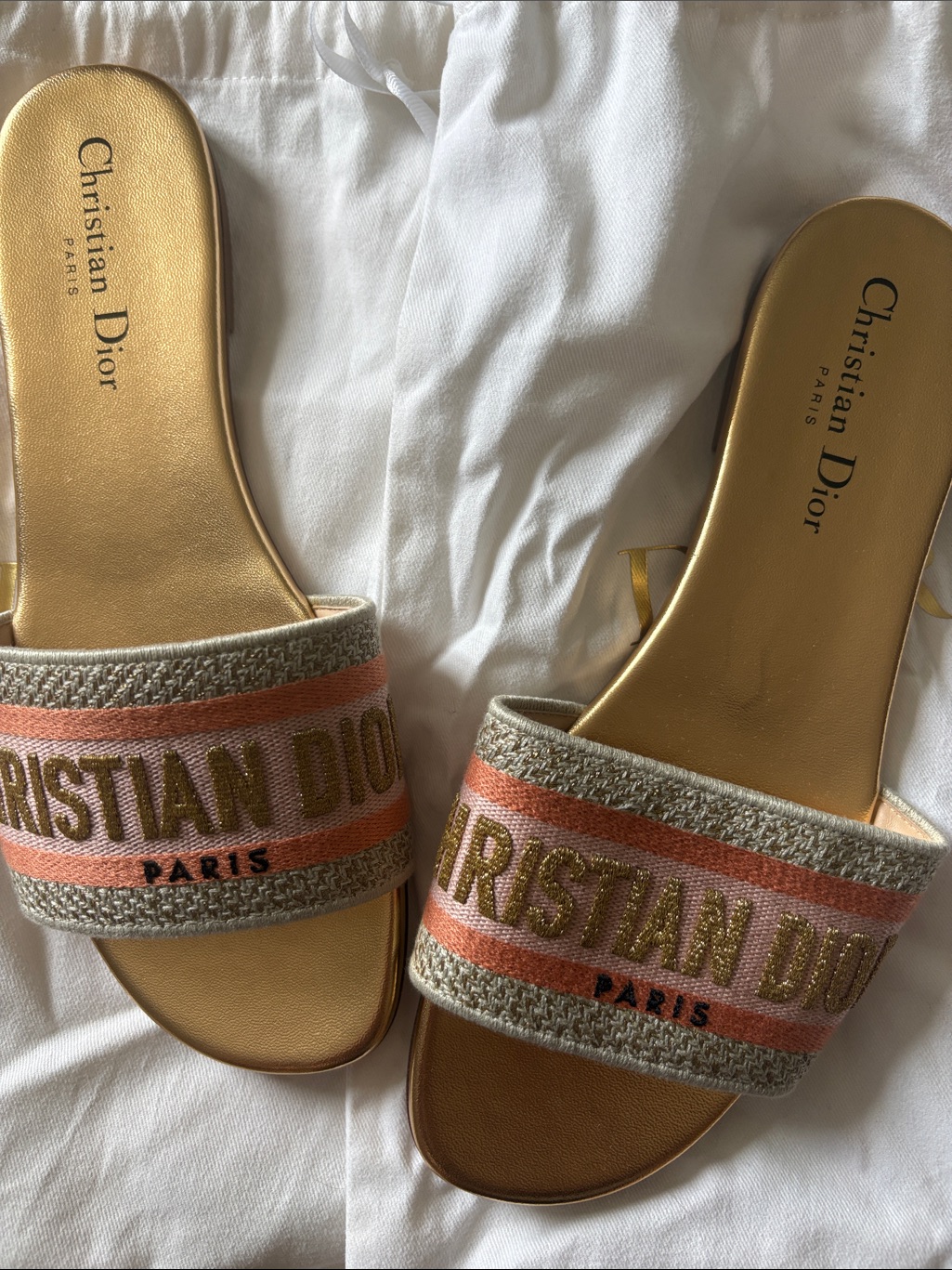 Dior Gold And Pink Embroidered Logo Slide Mules